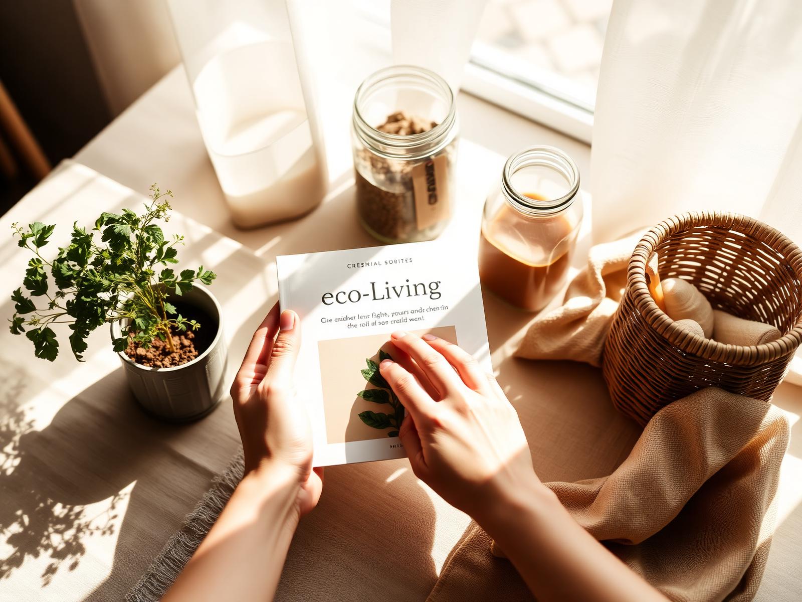 Hands holding the Easier Green Living guide on a sunlit table with herbs and reusable jars